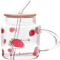 Прозрачна стъклена чаша с капак и слама, чаша за пиене на унция, сладък модел на ягоди