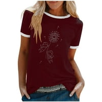 Женски летни върхове Небрежно печат кръгла шия разхлабена тениска с късо ръкав топ блуза пуловер