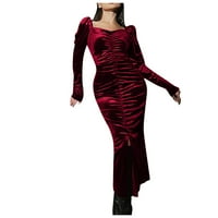 Женски моден твърд цвят плисира рокля от сплит разцепен дълъг ръкав с дълъг ръкав