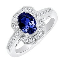Симулиран син Tanzanite & White Diamond Halo годежен пръстен в 14K твърдо злато с размер на пръстена 13