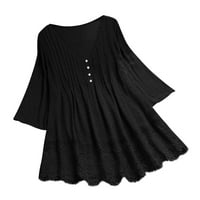дамски тениски тениски за жени реколта разрошени три четвърти Дантела в врата Плюс размер топ тениска блуза черно Ххххл