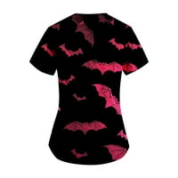 Клирънс Хелоуин блузи за жени, дамска мода в-врата къс ръкав работно облекло с джобове Хелоуин печатни върхове горещо розово, М