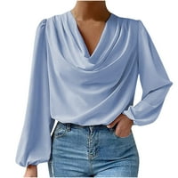 Fanxing Clearance Deals Cowl Neck Blouse за жени с дълъг ръкав пуловер блуза модерен солиден цвят Ruched суичър върхове върхове