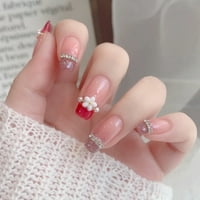 Лъскави розови фалшиви нокти 3d бели цветя фалшиви нокти за жени и момичета желе лепило модел