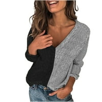 Дадария жени върхове дълги ръкави туника дами шевове V-образност Модна пуловер пуловер Сиви жени