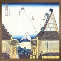 Кайт, летящ от покрива от Katushika Hokusai Wall Poster, 14.725 22.375 рамки