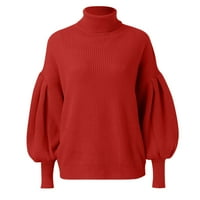 SNGXGN женски пуловер солиден плетен пуловер с дълъг ръкав с дълги ръкави с плетеница пуловери върши пуловери за жени, червено, размер XL