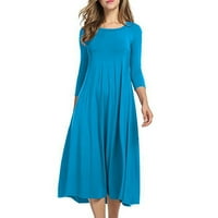Женски рокли със средна дължина солидно кръгло деколте A-Line ръкав син 3xl